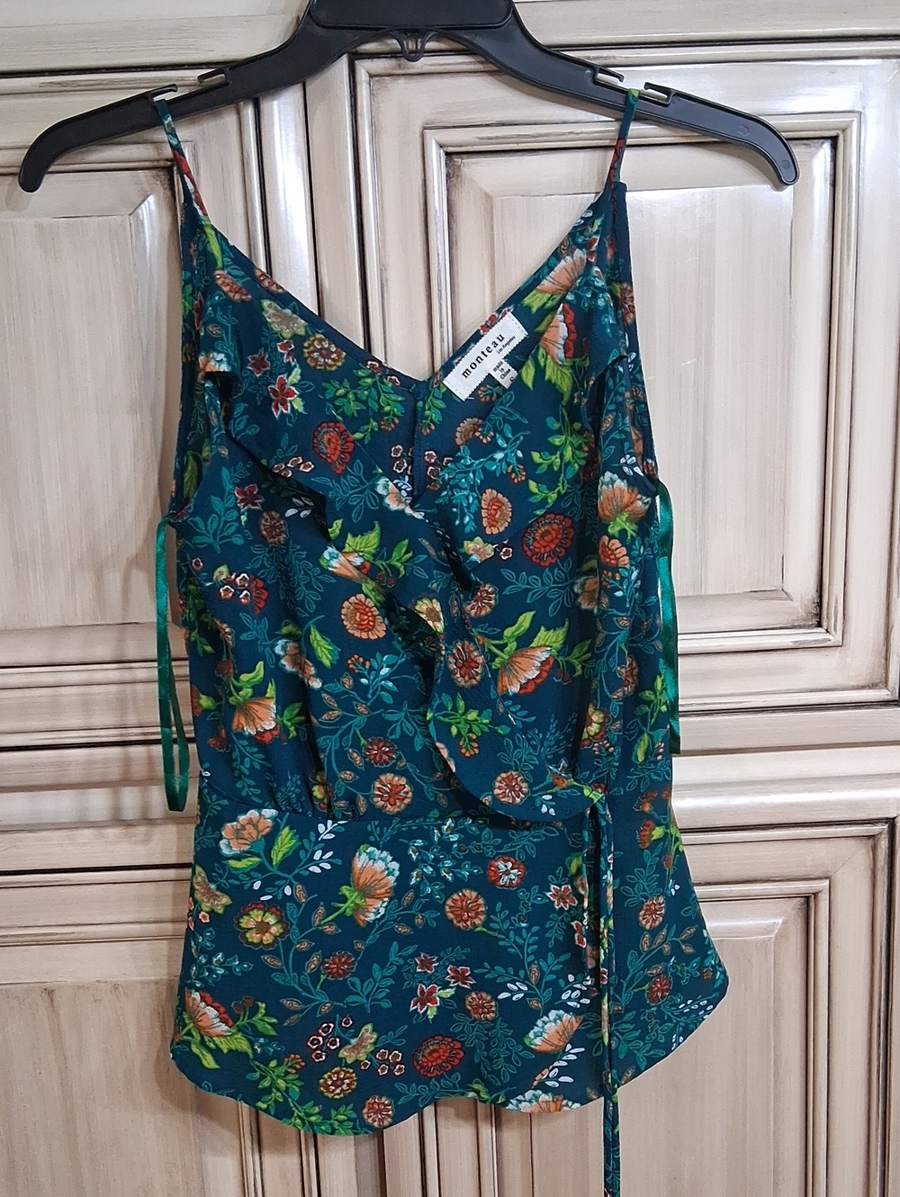 Monteau Teal Floral Wrap Cami with Green and Orange Accents Size S
